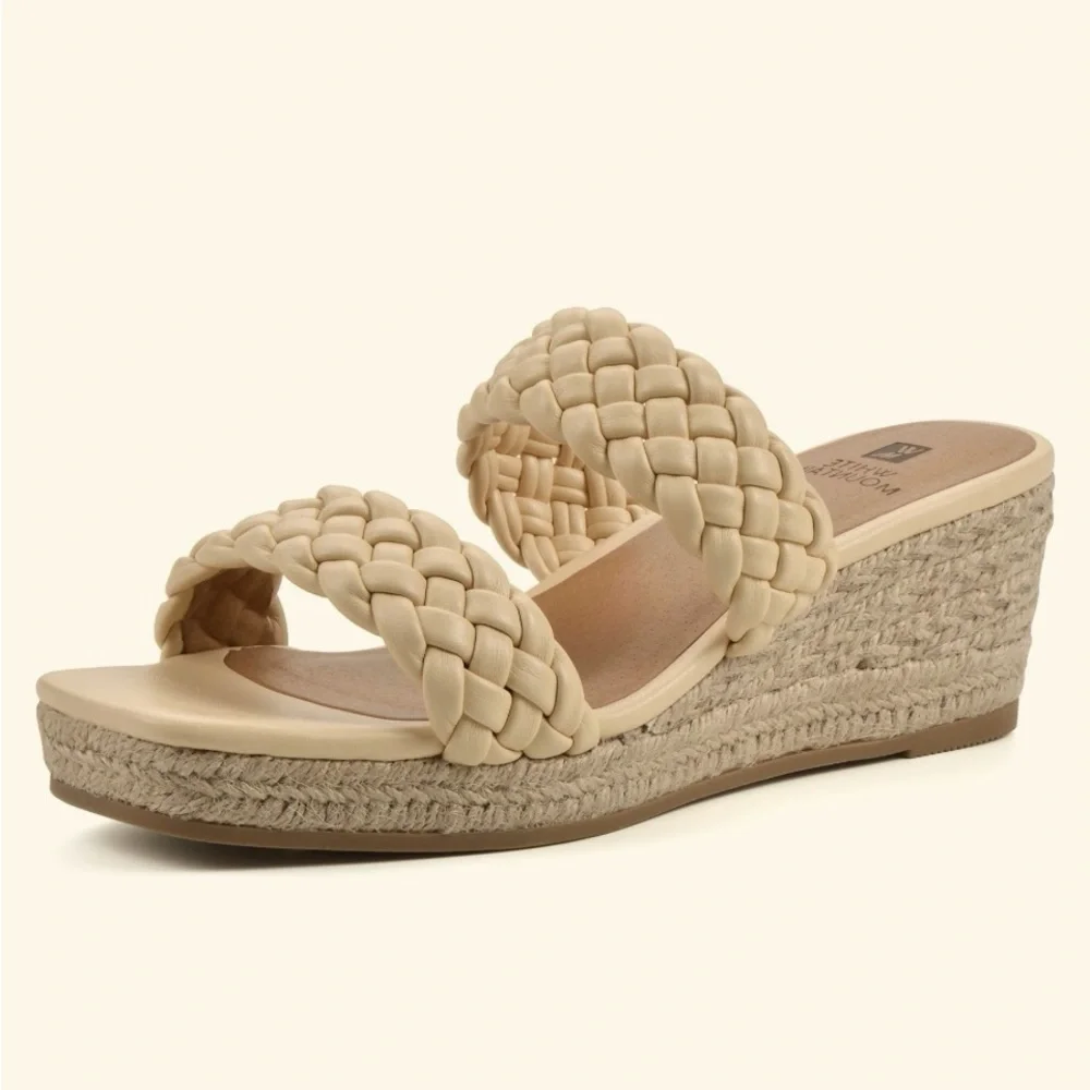 White Mountain Braided Double-Strap Wedge Sandals in Cream